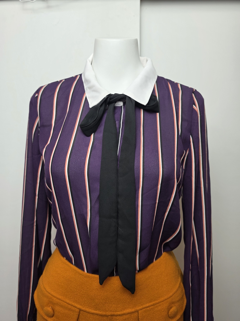 Purple Striped Tie-Neck Blouse with White Collar